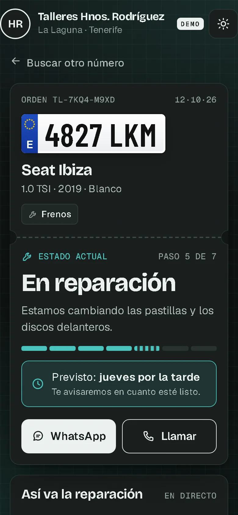 Probar lo que ve el cliente en su móvil: su coche, en qué paso va la reparación y cuándo estará